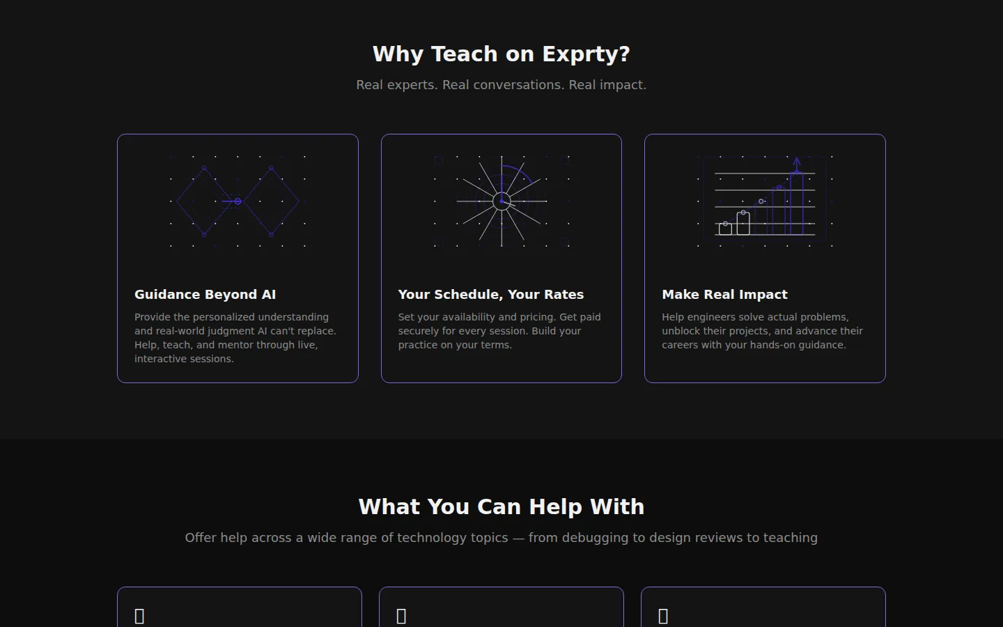 Three cards covering guidance beyond AI, choosing your own schedule and rates, and making real impact