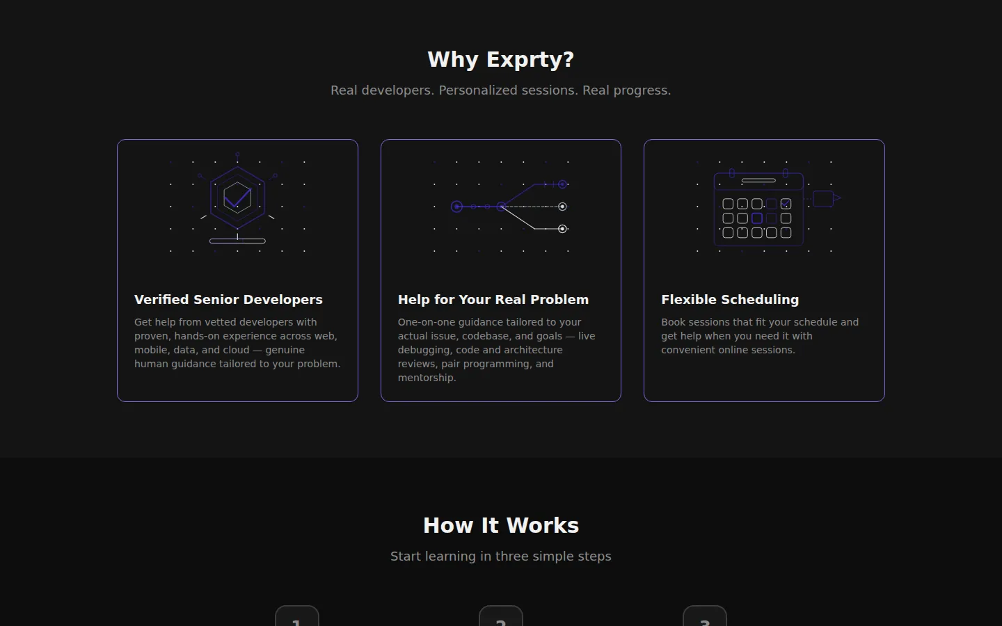 Three cards covering verified senior developers, help with a real problem, and flexible scheduling