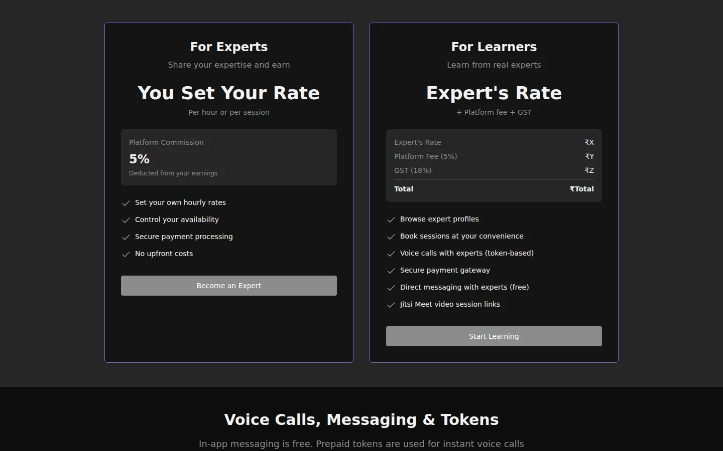 Side-by-side pricing for experts and learners, showing the platform commission and the fee and tax breakdown